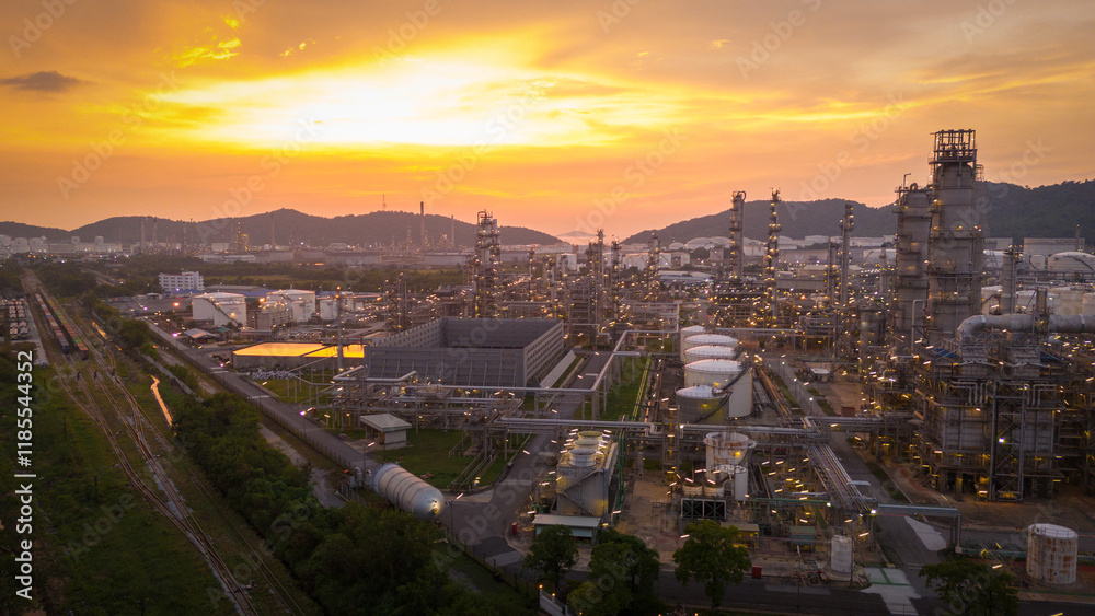 Fototapeta premium Oil Refinery plant at sunset. Gas Chemical Equipment Prodiction import export Concept, Crude Oil Refinery Plant Steel Pump Pipe line and Chimney and Cooling tower, Chemical Petrochemical