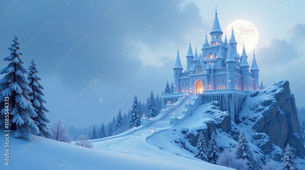 Obraz premium A Majestic Winter Castle Perched Atop a Snowy Mountain Peak Under a Full Moon