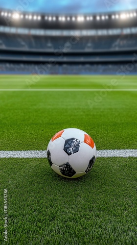 A close-up view of a soccer ball resting on the edge of a vibrant green field, set against the backdrop of a stadium.