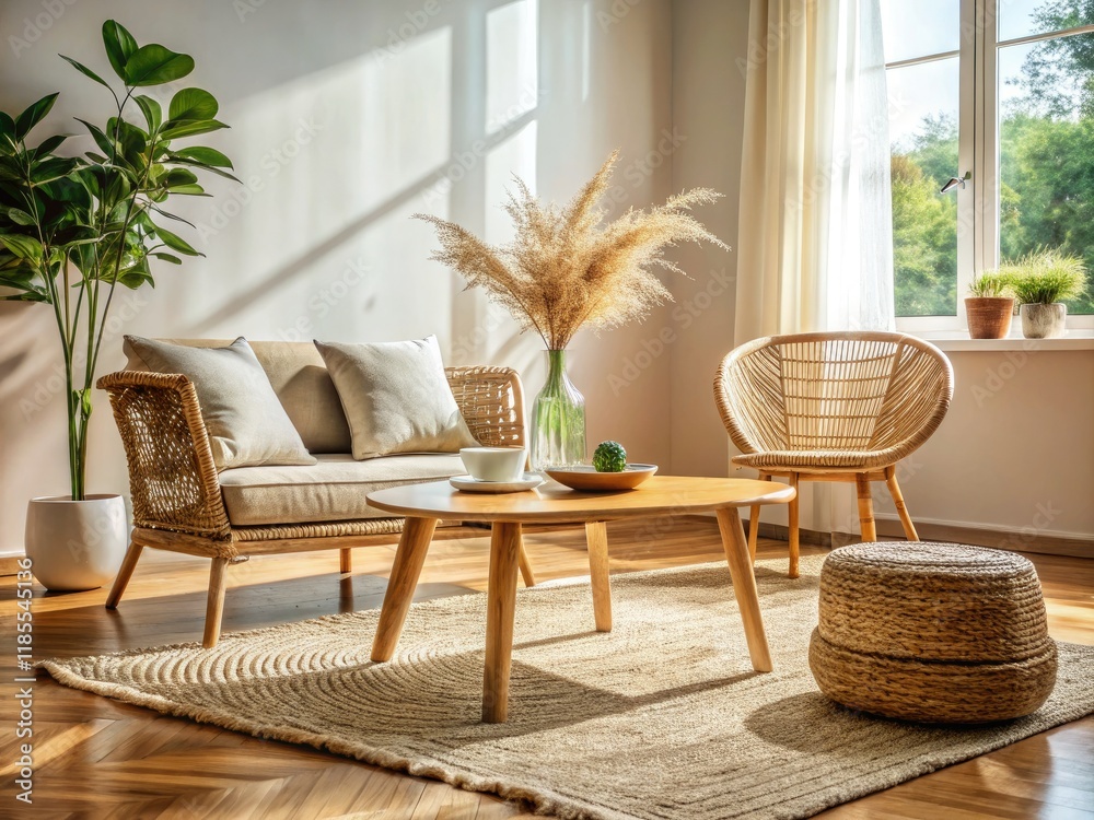 Jute rug, rattan chair, wooden table: a surreal minimalist living room.