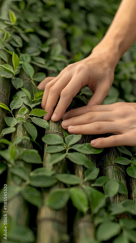 A person gently touches green leaves on bamboo, highlighting the connection between nature and human interaction. A person gently touches green leaves on bamboo, highlighting the connection between nature and human interaction.