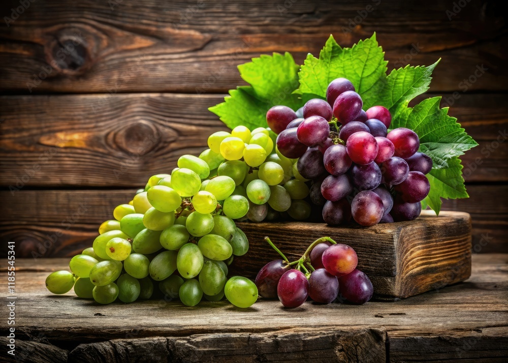 Lush green and purple grapes burst against rustic wood; ample copy space. Lush green and purple grapes burst against rustic wood; ample copy space.