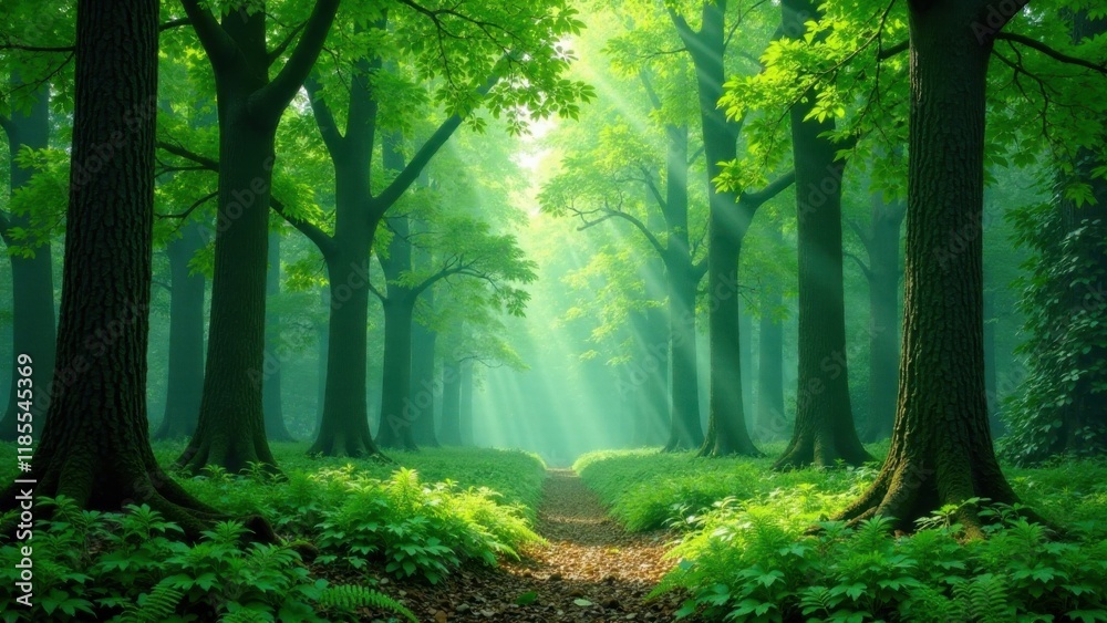 Obraz premium Serene Woodland Path Sunbeams Illuminate a Mystical Forest Scene with Lush Greenery and Ancient Trees