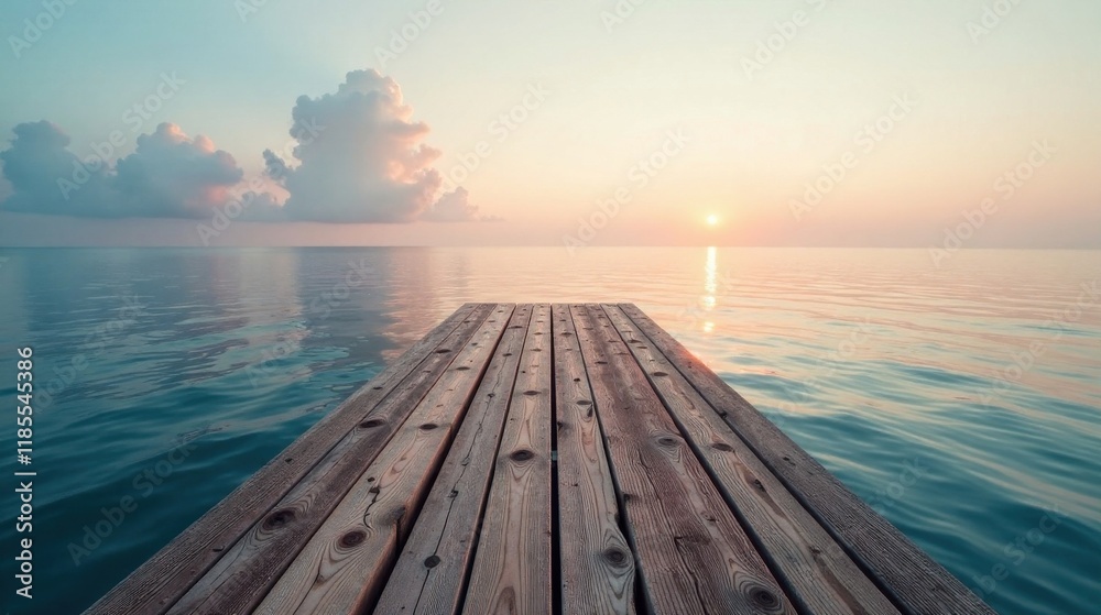 Serene Sunset View from a Wooden Dock Extending into Calm Ocean Waters Serene Sunset View from a Wooden Dock Extending into Calm Ocean Waters