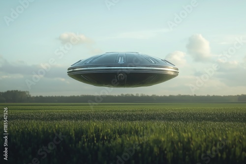 giant futuristic ufo spaceship floating in the air in the middle of a field photo