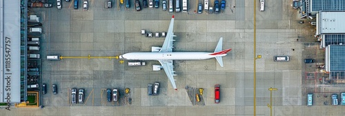 Top-down shot of airport parking areas, cars and planes in view