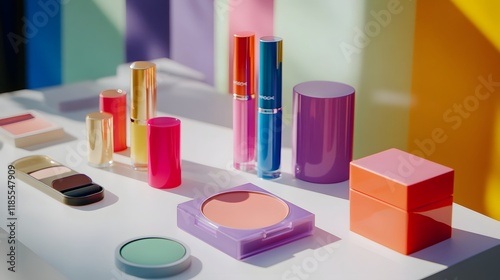 Colorful makeup products on white table