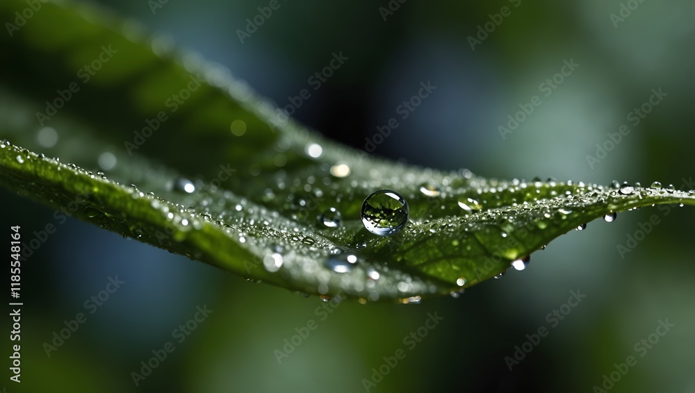 Obraz premium Crystal Clear Dewdrop on Leaf: Hyper-Realistic Macro Shot with Sunlight Reflections and Leaf Veins