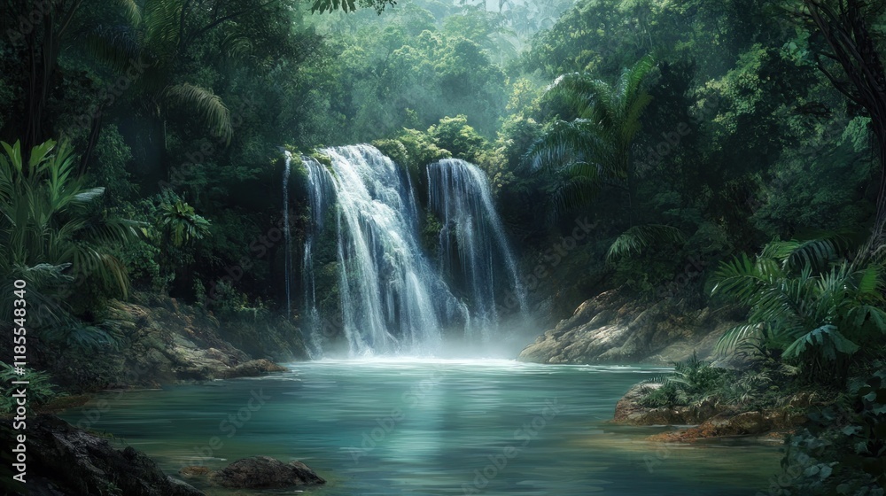 Obraz premium Serene Waterfall in Lush Rainforest