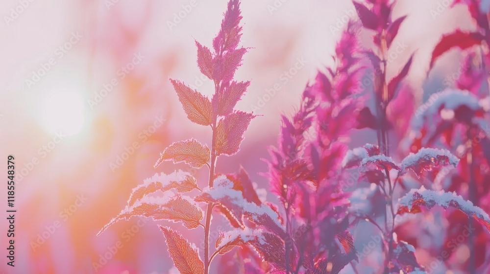 Serene Winter Sunset Pink Frost Covered Plants in Soft Light Serene Winter Sunset Pink Frost Covered Plants in Soft Light