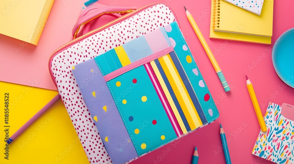 Obraz premium Colorful schoolbag with notebooks and pencils