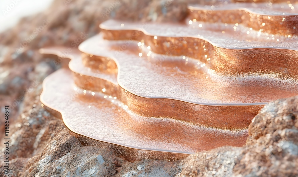 Obraz premium Close-up of terraced mineral deposits, showing texture and color variations.