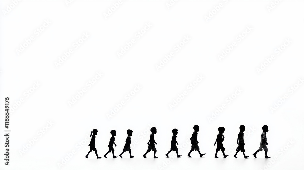 Silhouettes of children in progression, depicting motion and growth against a minimalistic white background. Silhouettes of children in progression, depicting motion and growth against a minimalistic white background.