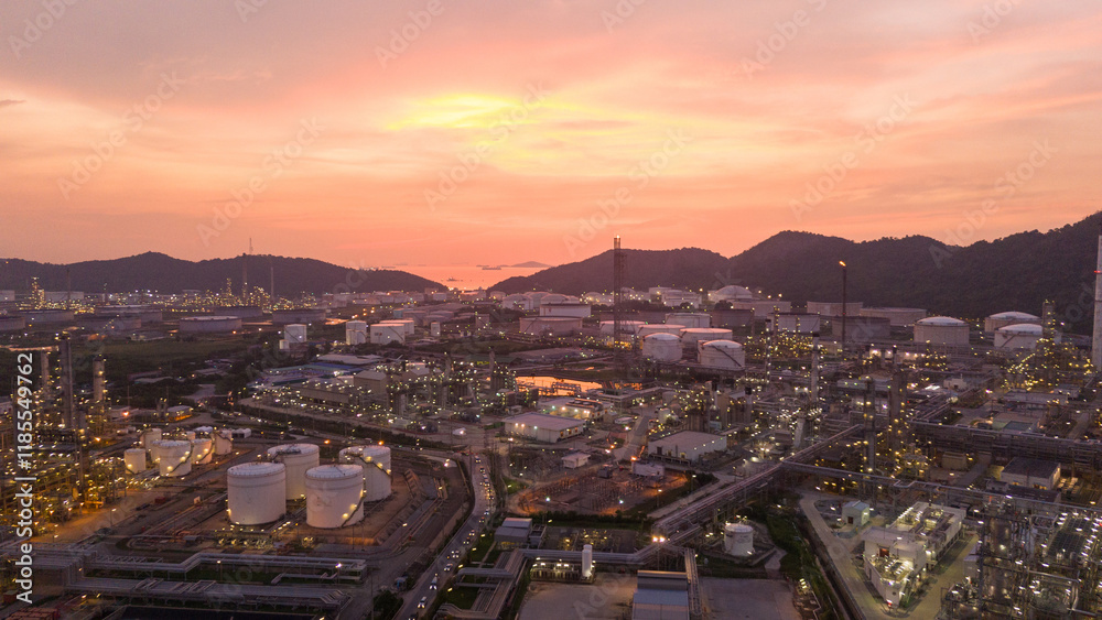 Obraz premium Oil Refinery plant at sunset. Gas Chemical Equipment Prodiction import export Concept, Crude Oil Refinery Plant Steel Pump Pipe line and Chimney and Cooling tower, Chemical Petrochemical