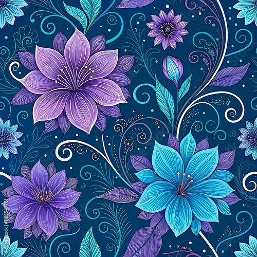 Seamless Abstract Purple and Blue Magical Flowers Pattern Background for Elegant Designs