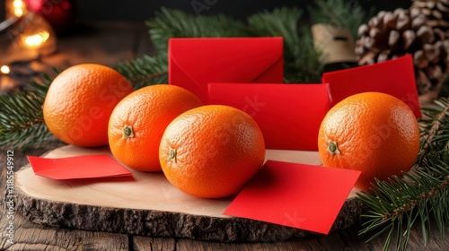 Oranges and Red Envelopes on Wooden Table photo