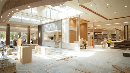 Renovation scene in a retail store, showing construction progress, new design elements, and workers preparing the space for a new retail concept