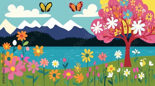 Colorful Spring Lakeside Floral Scene with Mountains