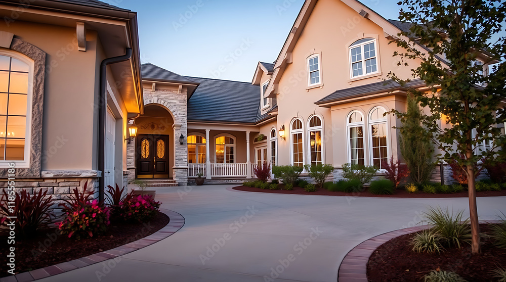 Two-story beige house with stone accents, large windows, and landscaping. The driveway curves gently in front of the house. Warm interior lighting is visible through the windows. Two-story beige house with stone accents, large windows, and landscaping. The driveway curves gently in front of the house. Warm interior lighting is visible through the windows.