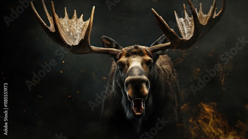 Majestic bull moose with large antlers, roaring against dark smoky background. photo