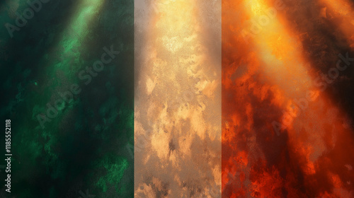 Abstract representation of the Irish tricolor flag with textured light effects.