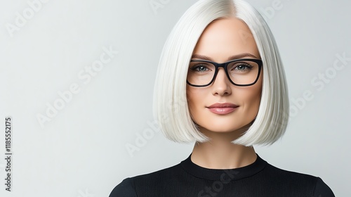A human hair wig with a blunt bob, platinum blonde, glowing under soft studio lighting