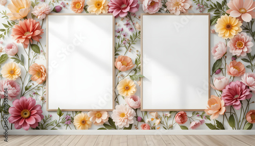 minimalistic modern interion design abstract flower floral wall art blank wall with blank white poster mockups photo