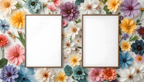 minimalistic modern interion design abstract flower floral wall art blank wall with blank white poster mockups photo