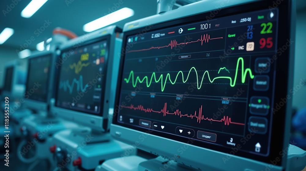 Close-Up of Modern Hospital Patient Monitoring Systems with Vital Signs Displayed Close-Up of Modern Hospital Patient Monitoring Systems with Vital Signs Displayed