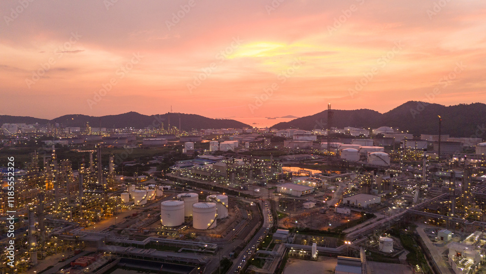 Fototapeta premium Oil Refinery plant at sunset. Gas Chemical Equipment Prodiction import export Concept, Crude Oil Refinery Plant Steel Pump Pipe line and Chimney and Cooling tower, Chemical Petrochemical