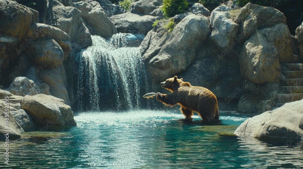 Fototapeta premium Brown Bear Catching Salmon by Waterfall in Rocky Zoo Habitat