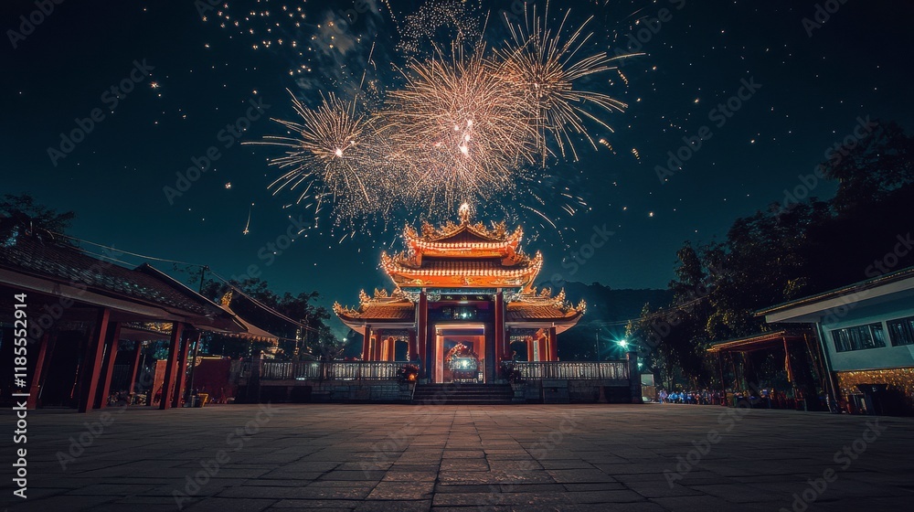 Fototapeta premium Vibrant Night Celebration at a Temple Courtyard