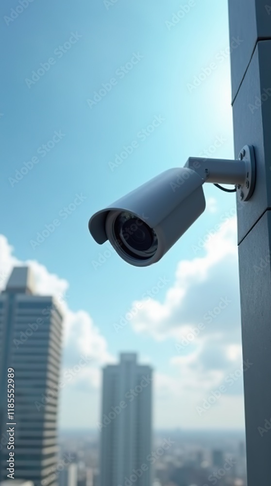 Outdoor Security Camera Mounted on Wall Overlooking City Skyline Outdoor Security Camera Mounted on Wall Overlooking City Skyline