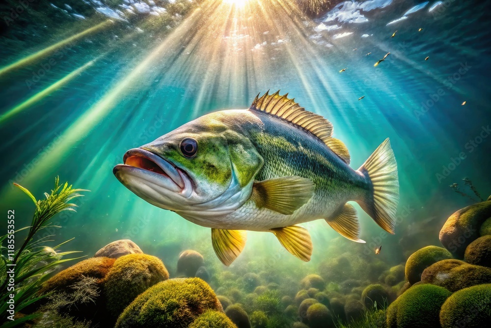 Fototapeta premium Submerged AI-generated bass, ethereal in low-light, generative underwater photography.