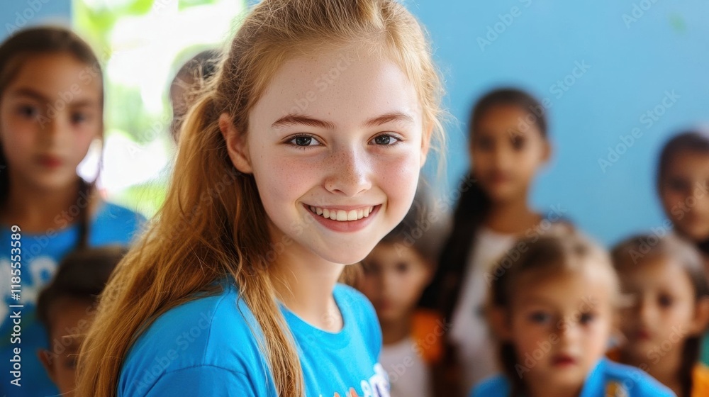 Fototapeta premium Volunteer and Donation Concept. Smiling Teenage Girl Surrounded by Happy Children in a Community Engagement Setting