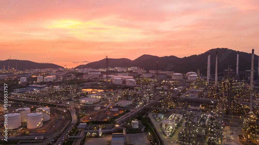 Fototapeta premium Oil Refinery plant at sunset. Gas Chemical Equipment Prodiction import export Concept, Crude Oil Refinery Plant Steel Pump Pipe line and Chimney and Cooling tower, Chemical Petrochemical