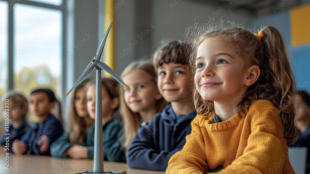 The students in the classroom are looking at the wind turbine model placed on the table. The students in the classroom are looking at the wind turbine model placed on the table.