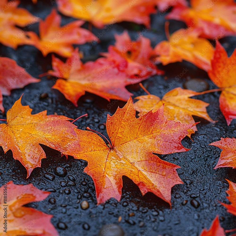 Vibrant autumn leaves scattered on a wet surface, showcasing rich orange and red hues. Vibrant autumn leaves scattered on a wet surface, showcasing rich orange and red hues.