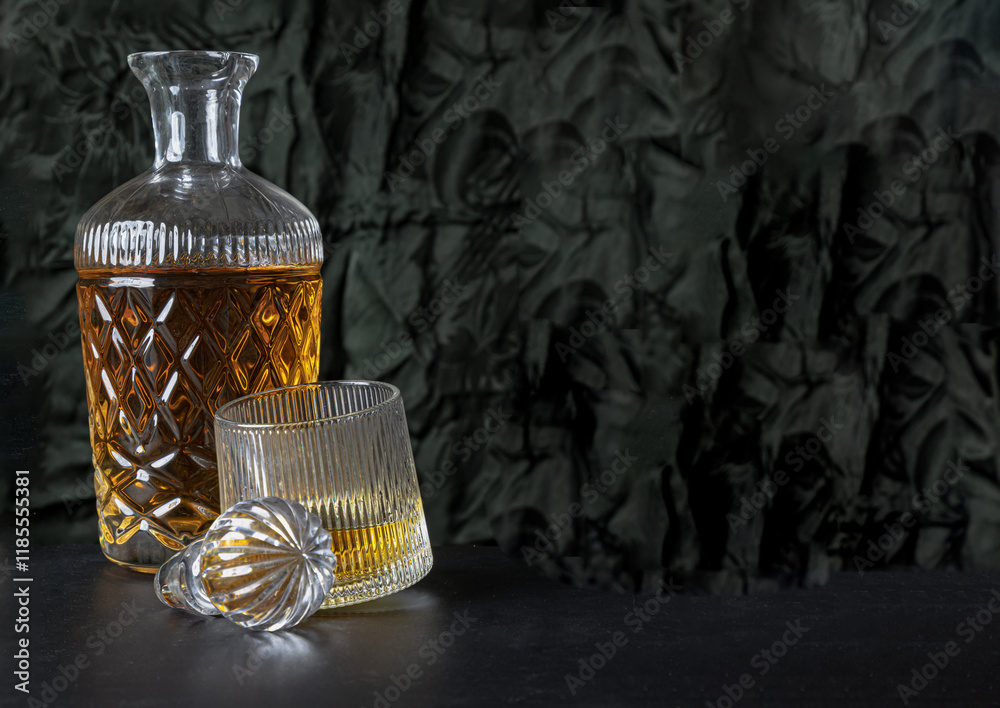 Design elements of The crystal decanter of whiskey, Glass Lid with Whiskey glass on dark background with reflection. use it as your Wallpaper, Poster and Space for text, Selective focus.
