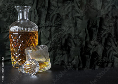 Obraz na płótnie Design elements of The crystal decanter of whiskey, Glass Lid with Whiskey glass on dark background with reflection. use it as your Wallpaper, Poster and Space for text, Selective focus. w salonie