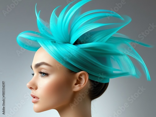 A synthetic clipin hairpiece styled in vibrant teal, artistically arranged on a reflective silver surface photo