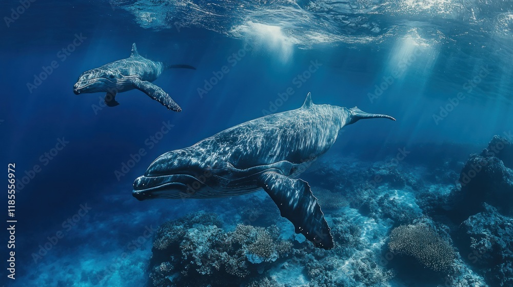 Naklejka premium Humpback Whales Gracefully Gliding Through a Sunlit Coral Reef