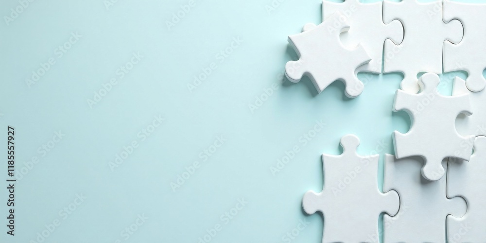 White Jigsaw Puzzle Pieces on a Light Blue Background A Concept for Problem Solving and Teamwork White Jigsaw Puzzle Pieces on a Light Blue Background A Concept for Problem Solving and Teamwork