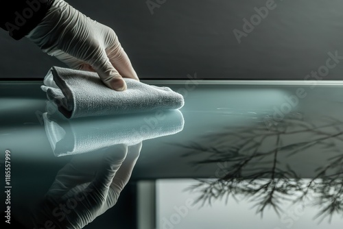 Gloved Hand Cleaning a Smooth Glass Surface photo