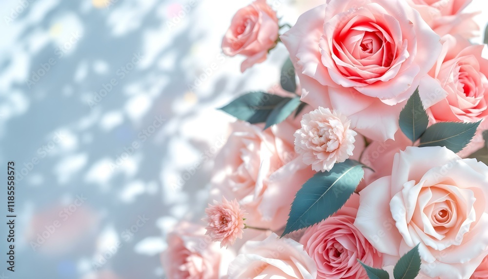 Fresh bunch of pink peonies and roses with copy space. A beautiful arrangement of fresh pink peonies and roses on a white background. Fresh bunch of pink peonies and roses with greenery, blossoms Fresh bunch of pink peonies and roses with copy space. A beautiful arrangement of fresh pink peonies and roses on a white background. Fresh bunch of pink peonies and roses with greenery, blossoms