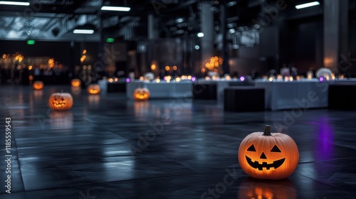 halloween pumpkins in a dark room with candles photo