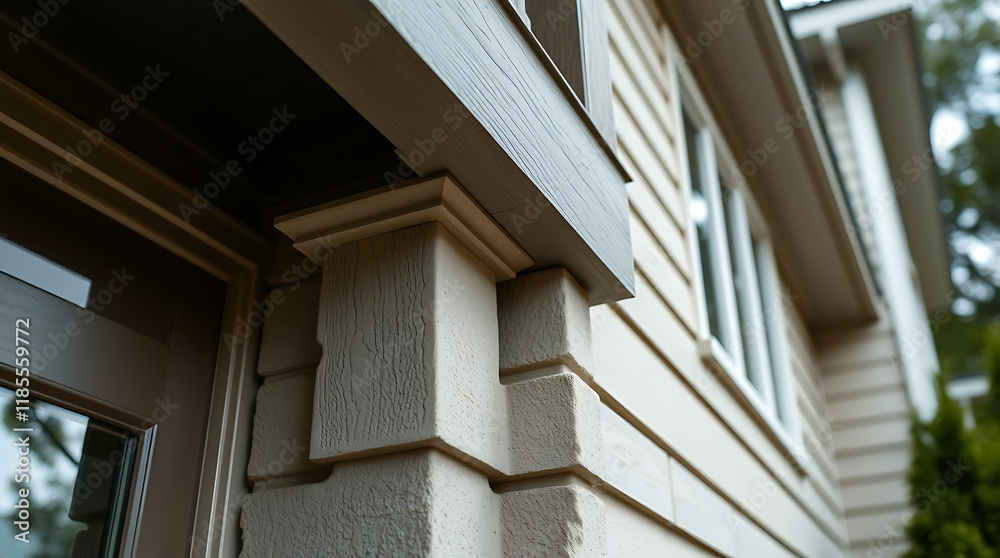 Fototapeta premium Exterior House Detail: Beige Siding, Gray Overhang, and Corner Post