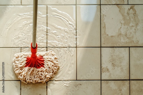 A red mop head cleans a tiled floor photo