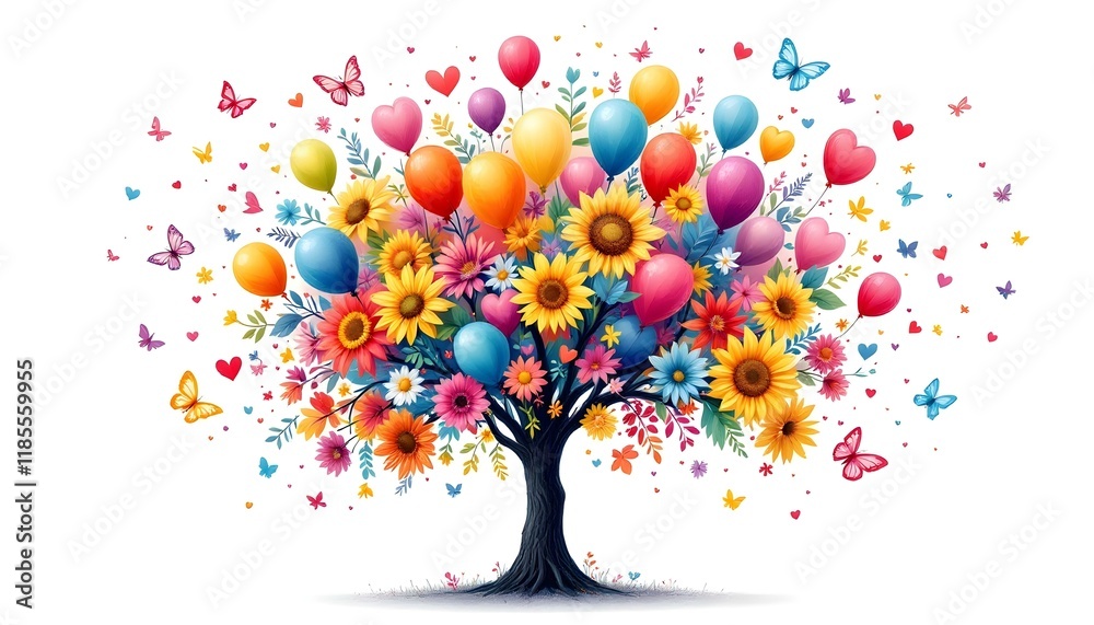 Happy holiday, funny tree with flower. Balloons happy holiday funny tree. Tree happy holiday balloons funny. Spring, summer, autumn, winter. Art trees. A vibrant watercolor tree with colorful flowers Happy holiday, funny tree with flower. Balloons happy holiday funny tree. Tree happy holiday balloons funny. Spring, summer, autumn, winter. Art trees. A vibrant watercolor tree with colorful flowers