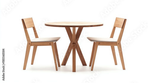 Modern wooden table with two matching chairs, white isolated background.